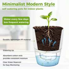 4个自动浇水室内植物花盆，包含4.33英寸塑料花盆，适合兰花、非洲紫罗兰和小型植物，带排水孔和浇水绳，园艺礼品家居装饰 - 透明底 - 查看 7