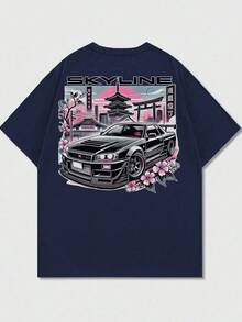 Fractyr Men's Fashionable Printed Loose Short-Sleeve T-Shirt | Exquisite Design | Racing Car And Cherry Blossom Print | Summer Must-Have | Easy To Match, Showcase Your Style - Navy Blue - View 2
