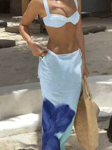 新款三件套比基尼，适合海滩度假派对，海军蓝优雅性感，带衬垫抹胸上衣+渐变印花长裙，春夏款 - 彩色 - 查看 6