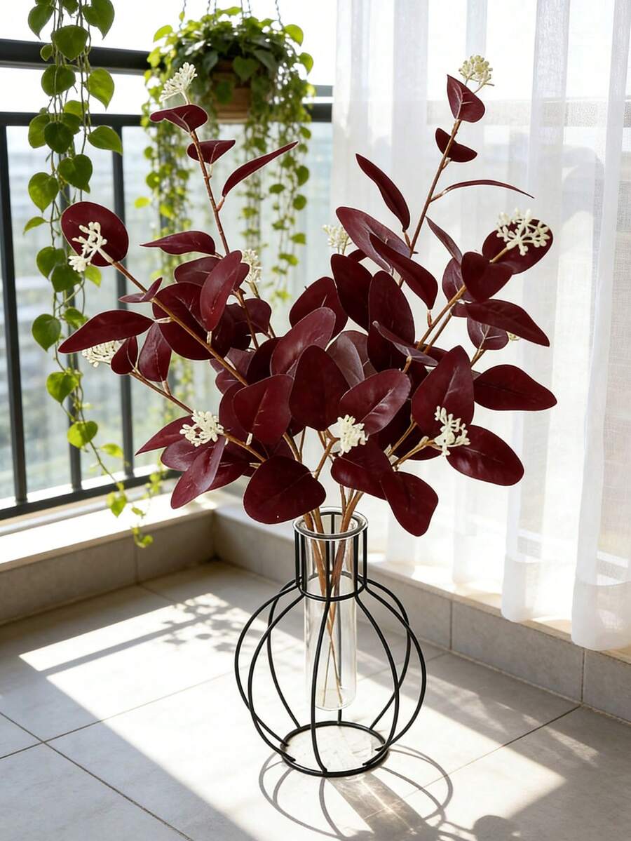 1 pieza Ramas artificiales de eucalipto, flores artificiales marrones, hojas de eucalipto de dólar plateado, arreglo floral para boda, hogar, oficina, Día de San Valentín, jardín - Multicolor - Ver 1