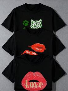 Mujer Camisetas de Verano 3 Piezas Conjunto Rojo Labios Love Estampado Camiseta Cuello Redondo Manga Corta Algodon Suave Transpirable Moda Casual para Fiesta Cumpleaños Regalo Amigos Comfy Daily Wear - 3 piezas negras - Ver 1