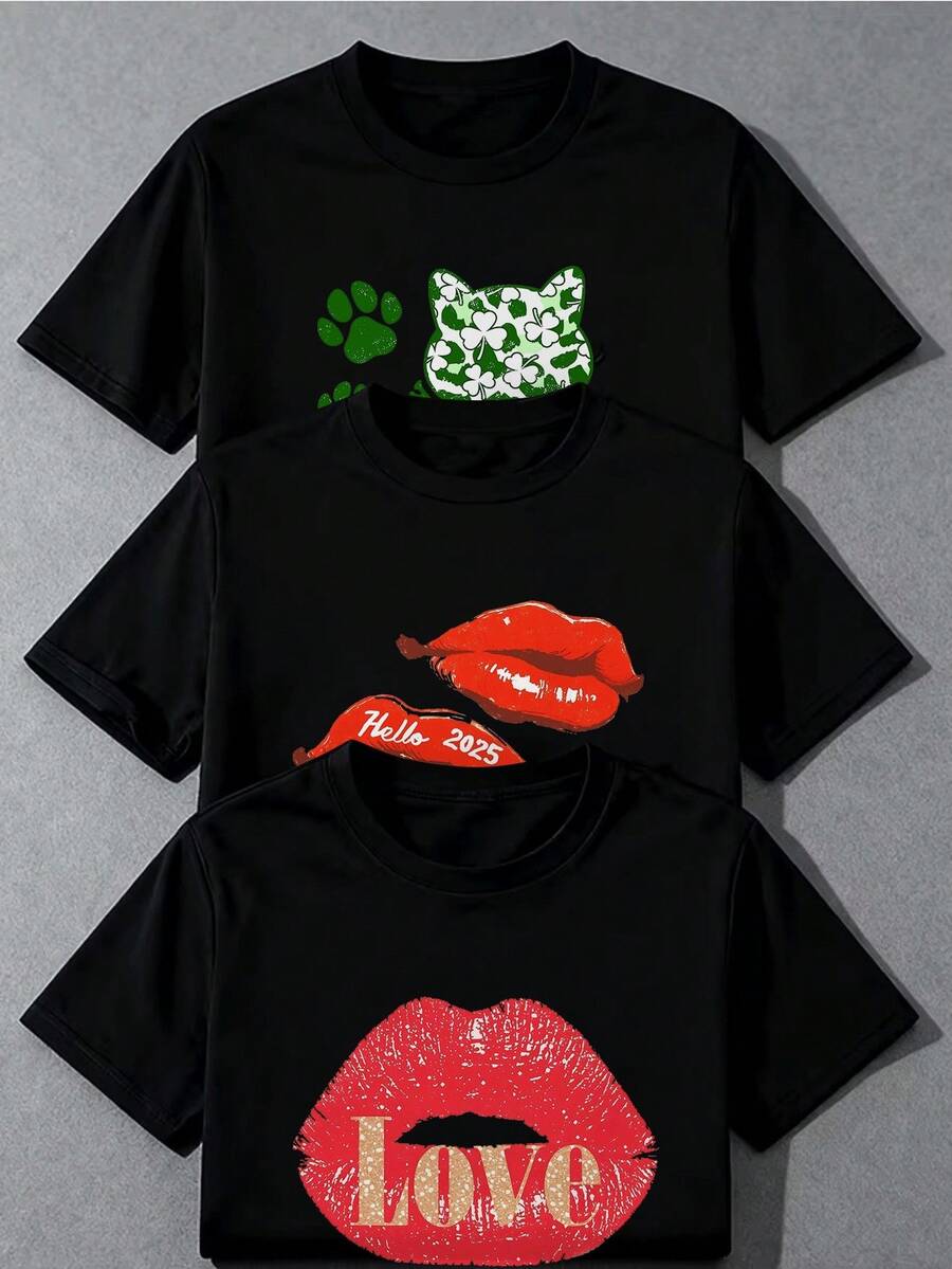 Mujer Camisetas de Verano 3 Piezas Conjunto Rojo Labios Love Estampado Camiseta Cuello Redondo Manga Corta Algodon Suave Transpirable Moda Casual para Fiesta Cumpleaños Regalo Amigos Comfy Daily Wear - 3 piezas negras - Ver 1