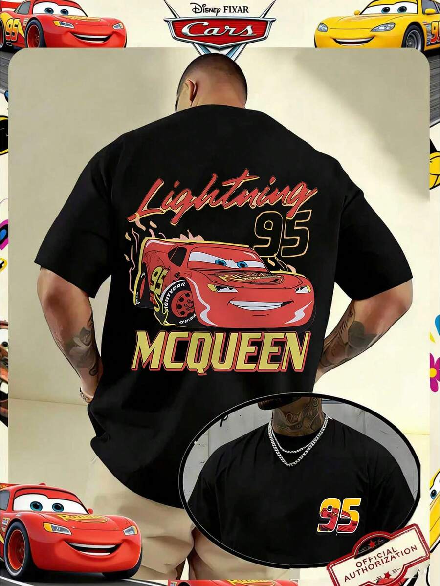 Disney Official Licensed Cars Racing Car No.95 Lightning Print T-Shirt, 220g Casual Short Sleeve Crew Neck Soft Breathable Racing Streetwear Top Gift For Men Women Teens - 黑色 - 查看 1