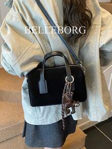 Matte Finish Tote Bag With Large Capacity, Fashionable Ladies' Handbag With Pendant - Black - View 6