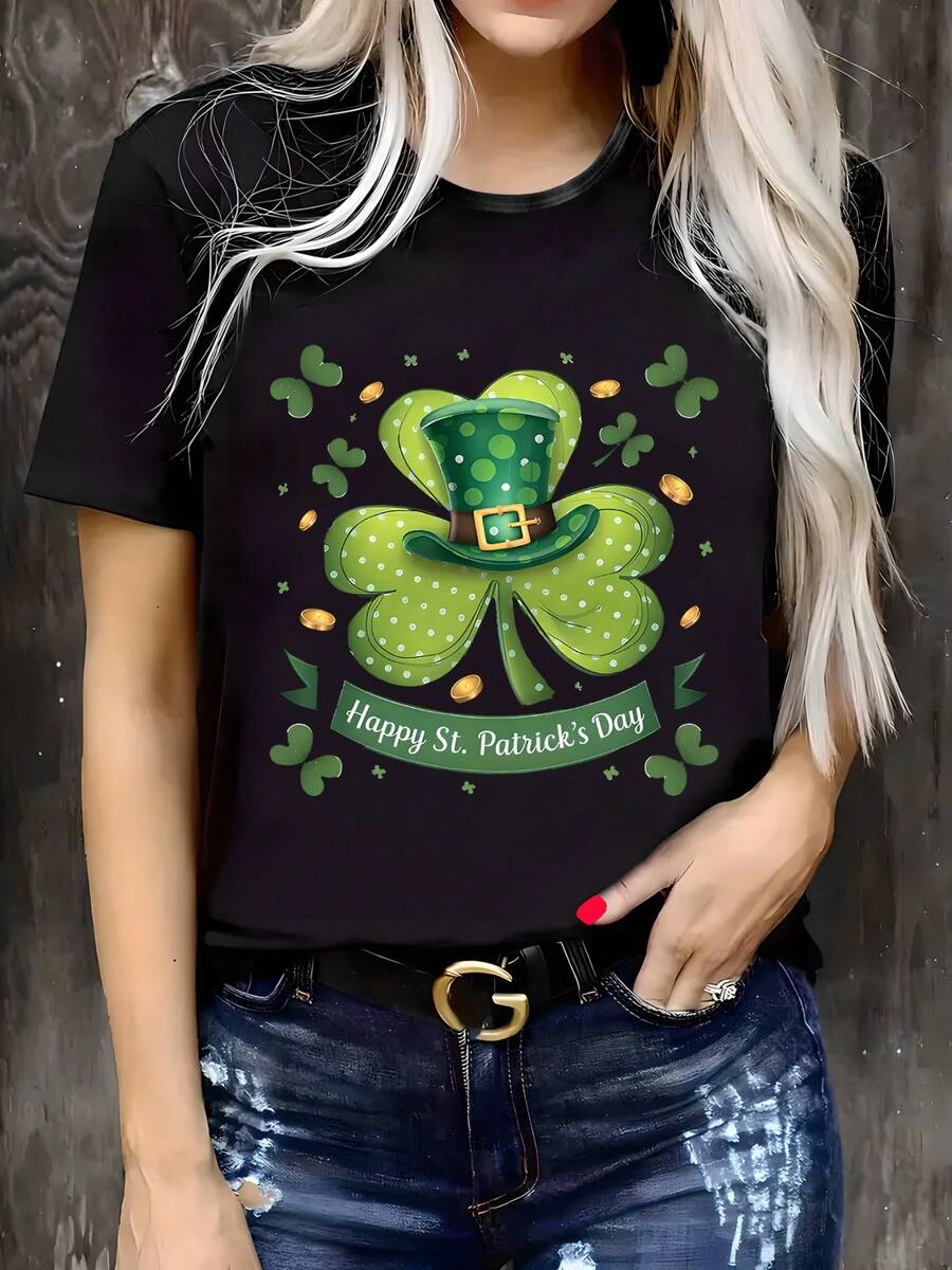 Camiseta de mujer para el Día de San Patricio - Patrón de trébol, cuello redondo casual, mangas cortas, lavable a máquina, adecuada para el uso diario en primavera y verano. - Oscuro - Ver 1