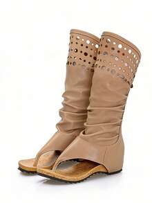 Women's Summer Boots Open Toe Hollow Hole Summer Boots Clip Toe  Knee High Boot Summer Sandals For Outdoor  Party Dress Fashion  Gladiator Sandals - 卡其色 - 查看 6