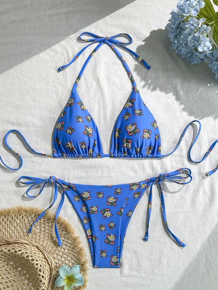 Women's Summer Beach Floral Print Halter Neck Tie Bikini Top And Triangle Bottom Two-Piece Swimwear Set - Blue - View 1