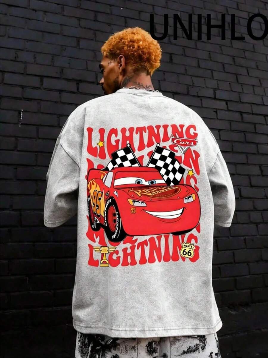 Disney UNIHLO  Lightning Mcqueen  Printed Summer Heavyweight Retro Washed Street Fashion Casual T-Shirt - 灰色 - 查看 1