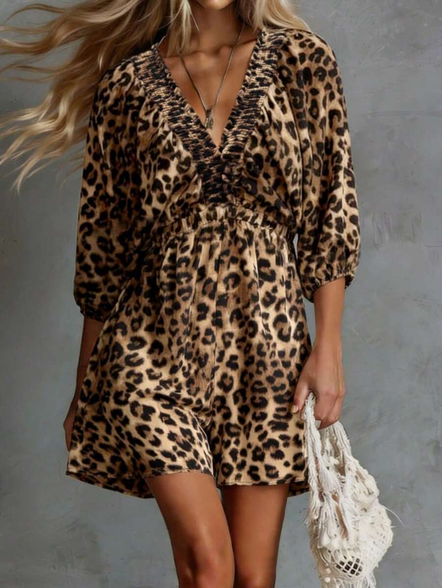 女士V领连体裤，时尚性感豹纹印花，松紧腰设计，七分袖宽松短款连体裤，春夏款 - 棕色 - 查看 1