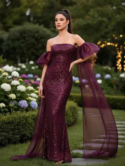 Romagic Sequined Evening Maxi Dress Off The Shoulder Floor Length Organza Sleeve Wedding Party Event Gown For Women