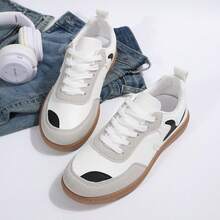Women's Spring/Summer New Lace-Up Patchwork Sneakers, Round Toe Flat Casual Shoes - White - View 7
