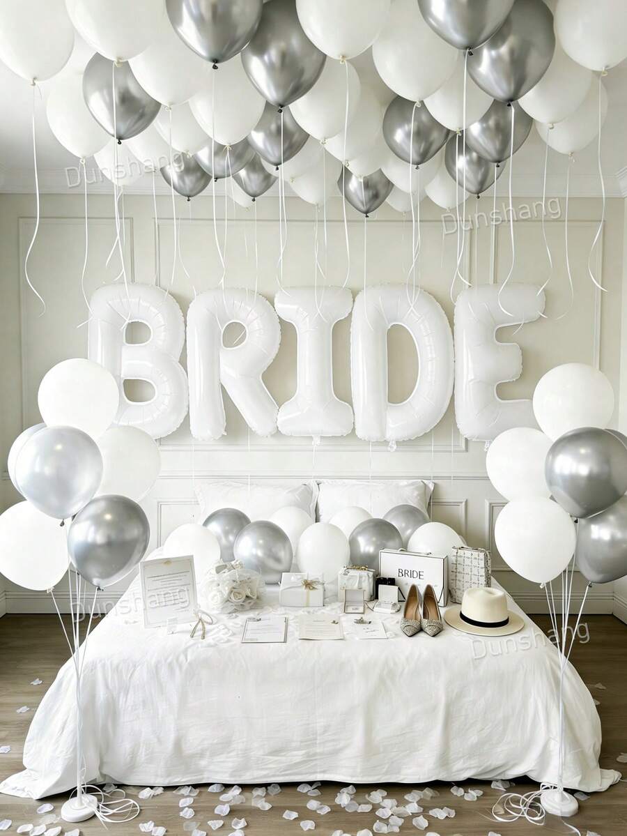 41pcs Bride Balloon Set - 40 Inch White BRIDE Banner Decor, Matte White & Silver Latex Balloons, Fake Flower Petals, Suitable For Bridal Shower, Bachelorette Party, Wedding Engagement Decorations, Bride Room Decor, Bride To Be Supplies, Home Atmosphere, Photo Props - 彩色 - 查看 1