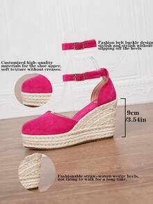Sandale Espadrile pentru femei din piele ecologică, sandale cu platformă, de vară, cu bareta, vârf pătrat, toc de 8,5 cm, bareta la gleznă, talpă țesută din paie, model gol, mărimea 34-43, mărimi mari și obișnuite - Roz fierbinte - Vizualizare 4