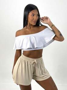 Women's Loose Fit High-Waisted Shorts - New Viscose/Lycra Knit - Brisa - Light Beige - View 4