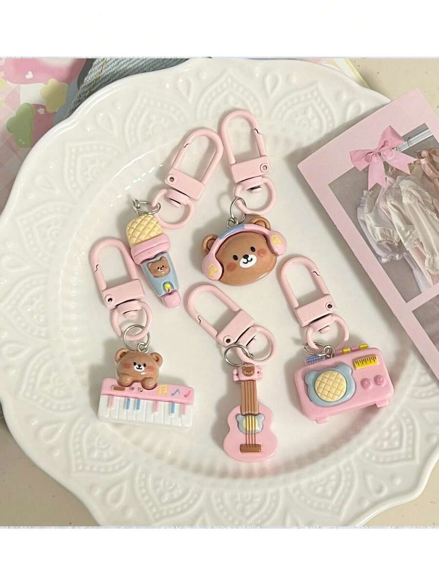 5pcs Pink Music Bear Keychain, Cute Cartoon Bag Pendant, Small Gift For Friends - Pink - View 1