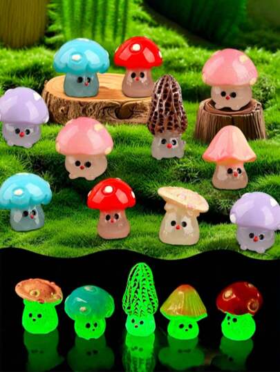Glow-In-The-Dark Resin Mushroom Decor, Suitable For Mini Landscape Garden Decoration. Miniature Glowing Mushrooms And Cute Resin Mushroom Sculptures Are Perfect For Mini Gardening, Glass Container Decoration, Potted Plant Accents, And Car Interior Decor. They Can Also Be Used For DIY Glass Container Crafts, Home Decor Accessories, Outdoor Party Decorations, Aquarium Decorations, Party Favors, Mother's Day Gifts, Etc. Random Assortment.
