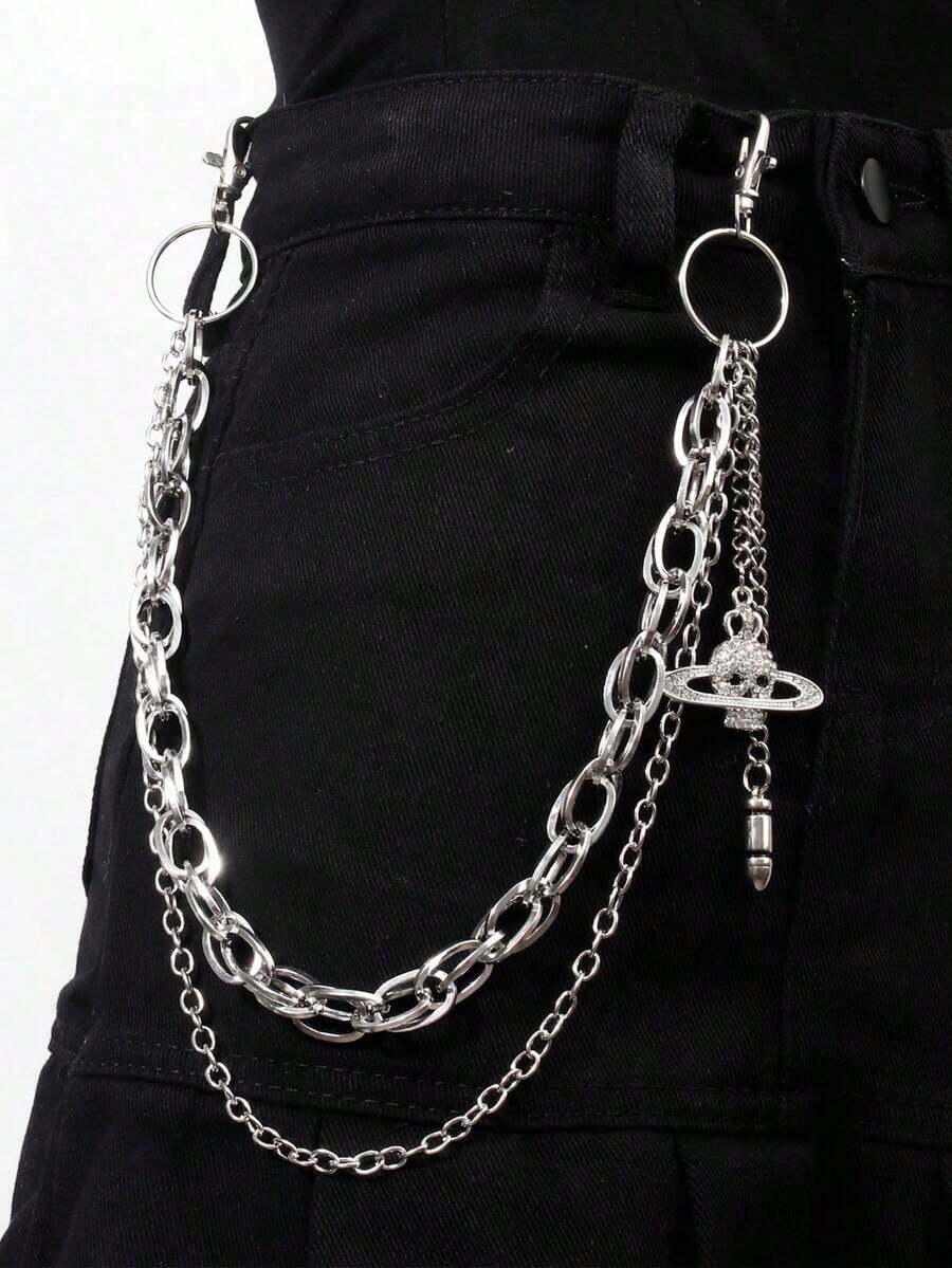 1pc Fashion Punk Style Vintage Studded Planet Skull Bullet Decor Pants Chain, Versatile Accessory Suitable Men, Party, Halloween - 星球骷髏雙層褲鏈 - 查看 1