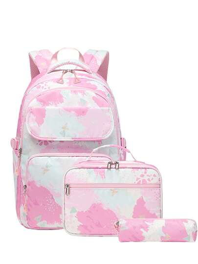 3pcs Printed Backpack Set, Large Capacity Multi-Compartment Design, Dual-Zipper Closure, Polyester Lining, Side Pockets For Water Bottle & Umbrella, Comfortable Breathable Back Pad, Polyester Backpack, Suitable For Daily Use & Travel, Back To School Gift