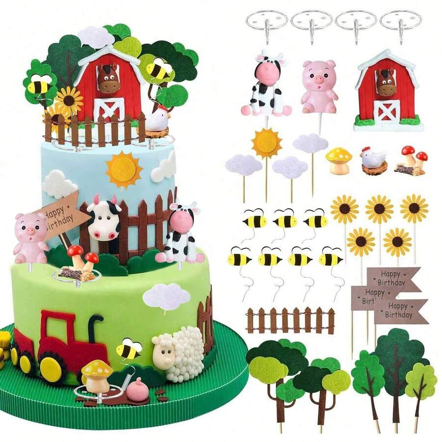31pcs Farm Animal Cow Cake Decorations, Suitable For Farm Animal Theme Birthday Party, Baby Shower, Wedding Anniversary Cake Decor, Christmas Decor - Multicolor - View 1