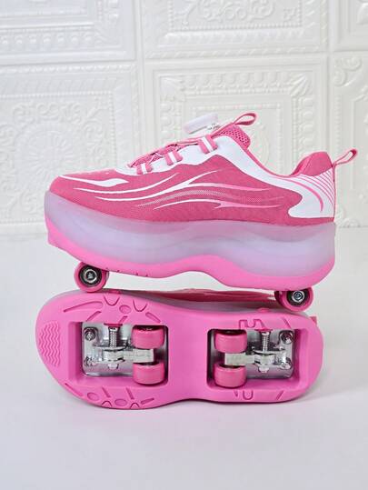 Kids Roller Skate Shoes, Rotating Button Design, Retractable Wheels, New Fashion Spring/Autumn Children Inline Skates, Suitable For Beginners Outdoor Sports