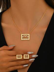 3pcs Set French Elegant Plated Gold Zirconia Geometric Tassel Pendant Jewelry Set, Suitable For Women's Wedding, Birthday, Party Wear - Yellow Gold - View 2