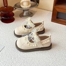 Girls' Butterfly Pearl Hook And Loop Lace Flat Shoes, Comfortable & Versatile Princess Shoes - Beige - View 1