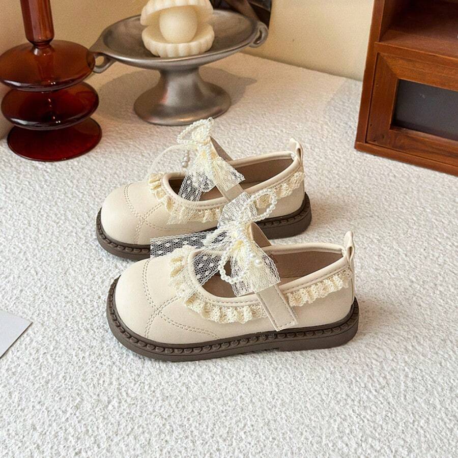 Girls' Butterfly Pearl Hook And Loop Lace Flat Shoes, Comfortable & Versatile Princess Shoes - Beige - View 1