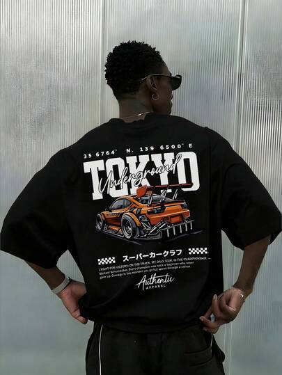  Camiseta de manga corta casual y suelta con estilo de calle de moda para hombres Fractyr | Impresión de elementos de carreras y en inglés | Diseño exquisito | Imprescindible para primavera/verano | Estilo básico, versátil y fácil de usar, el mejor regalo para amigos | Muestra tu estilo personal.