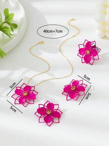 Bộ trang sức phong cách Boho gồm bông tai, dây chuyền và nhẫn màu hồng cánh sen, thiết kế hoa rỗng, thích hợp cho kỳ nghỉ và đeo hàng ngày. - Màu Hồng Tươi - Xem 5