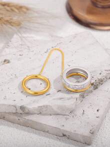 1pc Fashion Glass Rhinestone Stainless Steel Double-Layer Chain Ring, Women's Gold-Plated Tassel Connected Hip-Hop Jewelry Waterproof Ring, Women's Accessories - Multicolor - View 3