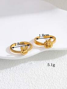 Set 2 buah cincin stainless steel berlapis emas 18K dengan desain apel dan kelinci yang lucu, cocok untuk dipakai wanita atau sebagai hadiah. - Yellow Gold - View 2