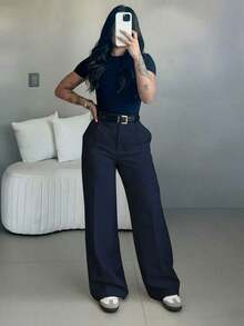 Women's High Waist Wide Leg Pants, Casual Elegant Office Trousers, Solid Color Loose Straight Leg Pants, Soft Comfortable Daily Casual Pants, Fashionable Minimalist Spring/Autumn Workwear, Without Belt - Blue - View 7