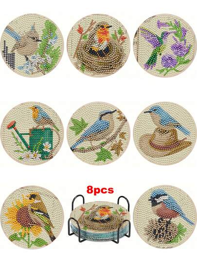 8pcs Bird DIY Diamond Painting Coaster Set, Round Bright Diamond Surface, Sturdy Adhesive With Full Tools, Easy For Beginners Stress Relief Handcraft, New Year, Valentine's Day, Christmas, Teacher's Day Gift, Home Decor Tabletop Drink Coasters For Family, Friends, Girlfriend, Teacher