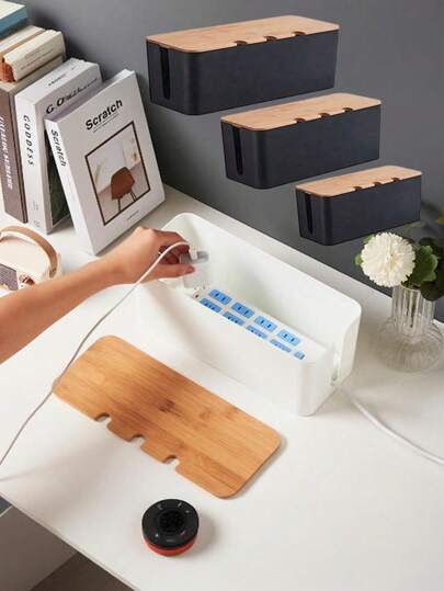 Large Cable Management Box - Wood Grain Style Cable Storage Box, Suitable For TV Cords, Computer Cables, USB Hubs And Desk Power Sockets - Made Of ABS Material