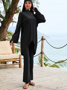 VFJ Bộ đồ bơi nữ Burkini cổ tròn cạp cao, kiểu dáng thường ngày, 3 món, tay dài, màu trơn, thích hợp đi biển và nghỉ mát, bao gồm áo, quần ống rộng và khăn trùm đầu, chất liệu co giãn cao và che phủ toàn thân, màu đen mùa hè. - màu đen - Xem 5