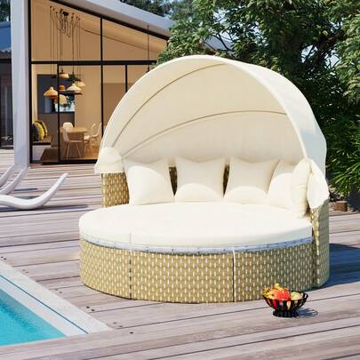 MERAX Patio Furniture Round Outdoor Sectional Sofa Set Rattan Daybed Two-Tone Weave Sunbed With Retractable Canopy, Separate Seating And Removable Cushion, Beige