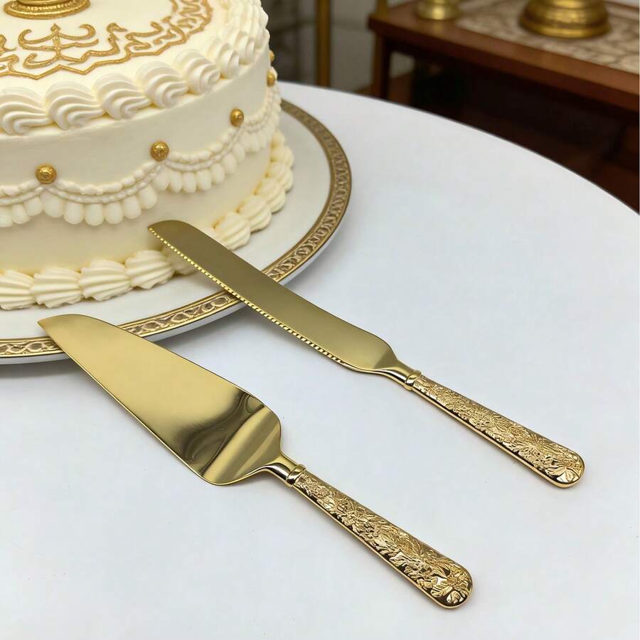 WINON 1 套玫瑰時尚蛋糕刀和鏟子套裝,糕點和甜點服務套裝,適合時尚婚禮派對、訂婚派對、週年慶典、生日派對 - 金色 - 查看 1