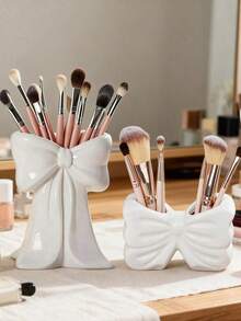 White Ceramic Bowknot Toothbrush Holder Set, Cute Bathroom Countertop Storage Rack With Bowknot Decor, Toothbrush & Toothpaste Holder Suitable For Vanity, Home Bathroom Accessories - Multicolor - View 8