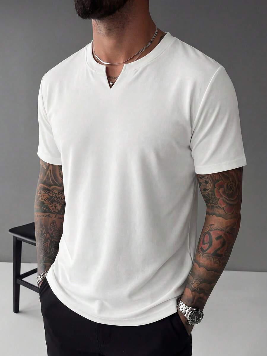 Men's Casual V-Neck Short Sleeve T-Shirt, Versatile For Summer - White - View 1