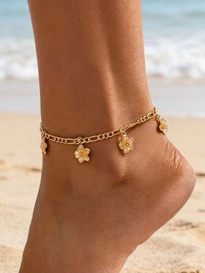 1pc Flower Shaped Anklet, Geometric Textured Sunflower Pendant, Golden Metal Chain, Suitable For Casual, Party, Date, Beach, Bikini, Elegant And Refined Design For Women