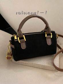 Fashionable High-End Cylinder Boston Bag For Women, Versatile Handheld/Shoulder/Crossbody Bag With Zipper, Frosted Pu Leather - Black - View 1