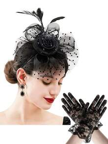 3pcs Fascinator With Lace Gloves Tea Party Hat For Horse Racing Flower Kentucky Derby Hat For Women Mother's Day Gift - Multicolor - View 9