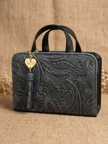 Bolsa de doble asa con cincelado en piel. - Azul Marino - Ver 1