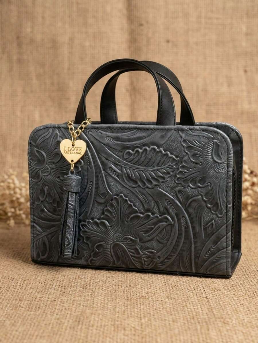 Bolsa de doble asa con cincelado en piel. - Azul Marino - Ver 1