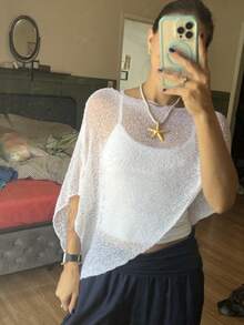 Women Sheer Mesh Poncho Top Crochet Knit Lightweight See Through Shawl Wrap Summer Oversized Loose Shrug Beachwear Swimsuit Bikini Cover Ups - Pearl White - 查看 2