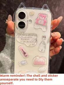 1个DIY可爱趣味小熊雪人树图案贴纸，透明手机壳，创意猫耳透明防震保护套（女孩适用） - 粉紅小熊貼紙 - 查看 8