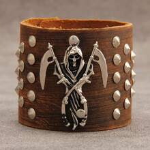 1件男女通用朋克摇滚皮革手链，个性化双刀帽骷髅铆钉合金手链，音乐节摇滚派对礼物 - 鉚釘 - 查看 6