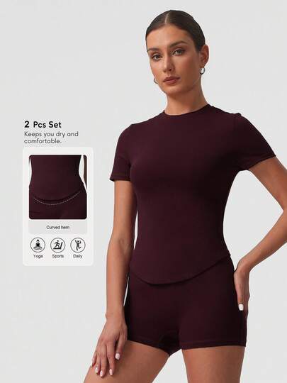 Sodalemon 女士健身训练两件套圆领纯色T恤，松紧腰无前缝运动跑步短裤户外休闲运动套装