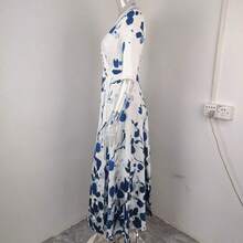 2026 Spring New Arrival Dress - Elegant Slim Fit Printed V-Neck Long Sleeve Dress - Nền xanh dương với hoa đỏ - Xem 5