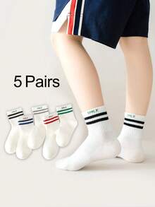 5 Pairs Kids' Sports High Elastic Waist Jacquard Striped All Season Mid-Calf Socks - Multicolor - View 9